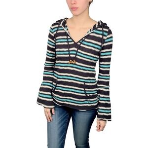 ROXY Hooded Sweater Womens Size‎ M Bell Sleeve V-Neck Surf Casual